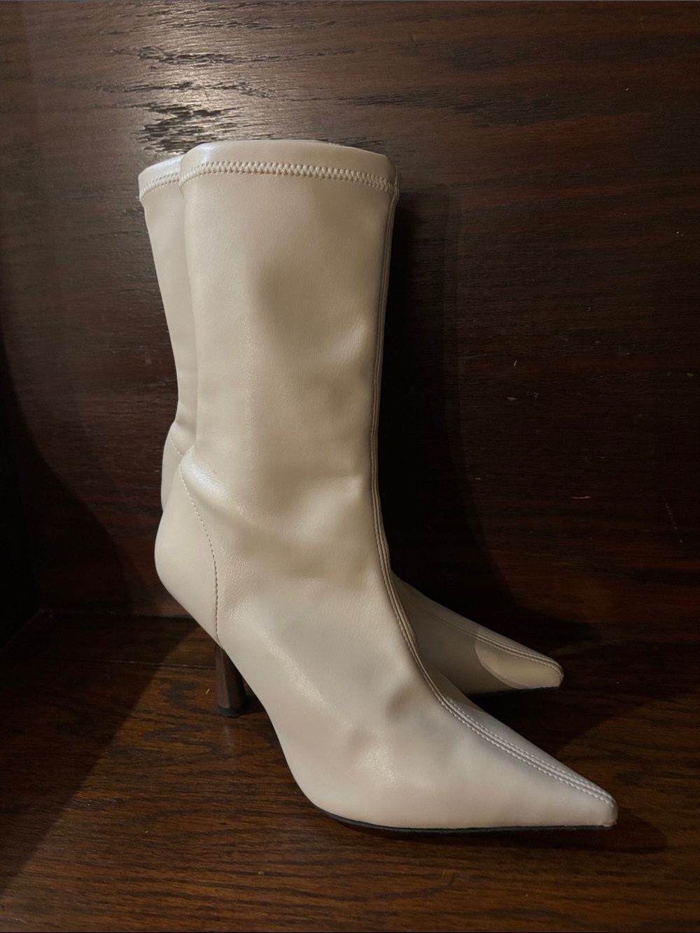 Mid-Calf Pointed Toe Heeled Boots in Cream